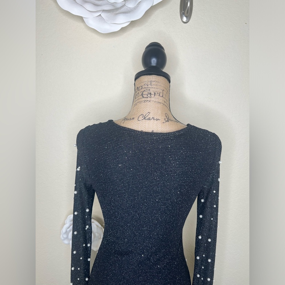 NTM: SHEIN Pearl Embellished Black Bodycon Mini Dress Long Sleeve Size Small - Picture 11 of 16